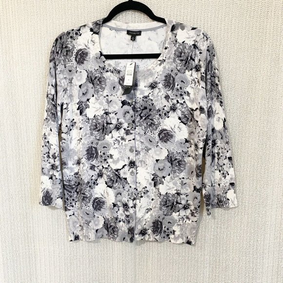 Talbots Cardigan White Gray Floral Print Long Sleeve Medium NEW - Picture 2 of 10
